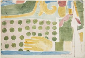 Maleri af en del af et vægmaleri, der viser menneskeofring fra over den indre dør, indre kammer, Jaguarernes Øvre Tempel, Chichen Itza (akvarel) af Adela Breton