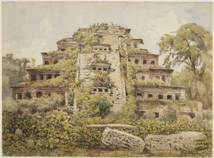 Maleri af ødelagt tempel (Nichernes Pyramide) ved El Tajin, Papantla, Mexico (akvarel)