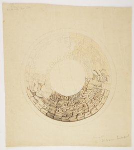 Grydedæksel fra Belize (tidligere Britisk Honduras) Cirkulært design, hvoraf en del mangler, viser et design med figurer af mænd, glyffer osv. (akvarel) af Adela Breton