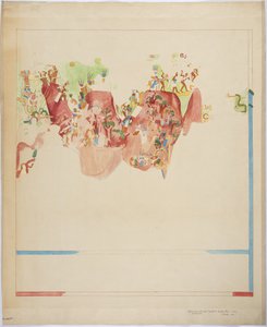 Kvartskala kopi af et vægmaleri fra den nordlige ende af østvæggen, indre kammer, Jaguarernes øvre tempel, Great Ball Court, Chichen Itza, Mexico (akvarel, kropsfarve, rødt blæk og grafit) af Adela Breton