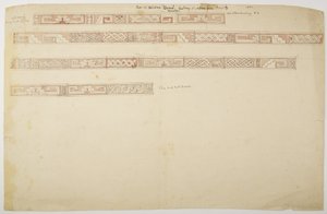 Ruiner/stenrelieffer ved templet i Uxmal, Mexico, der viser frise (akvarel) af Adela Breton