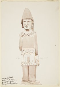 Statue fra Teayo, det nordlige Veracruz, Mexico Viser stenstatue med mandsfigur iført kilt (akvarel) af Adela Breton