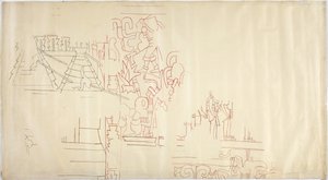 Sporing af et vægmaleri fra Casa de Monjas, Chichen Itza, Mexico Tegnet og sværtet med sort og rød blæk (rød & sort blæk & grafit) af Adela Breton