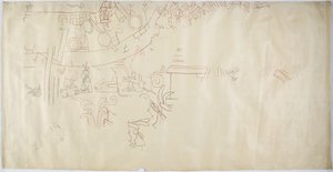 Sporing af et vægmaleri fra Casa de Monjas, Chichen Itza, Mexico hvælving i stort kammer (rød, sort & brun blæk & grafit) af Adela Breton