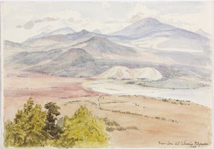 Udsigt fra Cerro del Calvario, Patzcuaxo på den ene side af papiret og på den anden side er en udsigt over den gamle fæstning og stenhøje, Iguatcho fra Cerro del Calvario, Patzcuaro, Michoacan, Mexico (akvarel) af Adela Breton