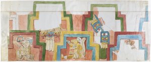 Akvarelkopi af stuccofacaden på templet på pyramiden ved Acanceh Fuld skala To rækker figurer inden for en trinformet ramme Figur 1-5 (akvarel) af Adela Breton