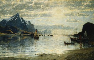 En fjordscene med sejlerfartøjer,
