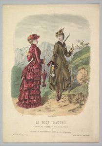 En dame i et jagtkostume med en dame i gåkostume på en bjergsti fra La Mode..., 1881. af Adèle Anaïs Colin