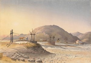 "Hængebro af skindstropper (men repareret med kæde) over Maypu, fem mil syd for Santiago, Chile, 11. januar 1851