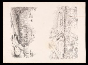 Stang-stammens landsby, Sarawak, Borneo; og en bro af pæle over en flod fra West Indies, North American and Borneo scrapbook, ca. 1845 (litografi) af Admiral Sir Edward Gennys Fanshawe