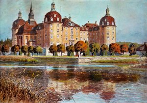 Udsigt over slottet Moritzbourg Tryk af Adolphe Nother (1855-?) Paris fra det 19. århundrede, dekorativ kunst af Adolf Noether