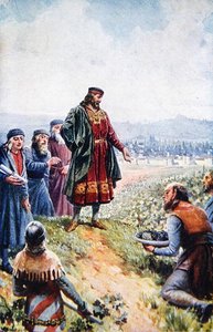 Charles IV inspicerer druer under sin tilskyndelse til vinfremstilling i Bøhmen, begyndelsen af det tyvende århundrede (farve litho) af Adolf (after) Liebscher