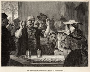 En retraktor, i en kro i Kruiningen, laver sit nummer foran opmærksomme tilskuere, indgraveret efter tegningen af Adolf Dillens, der illustrerer en rejse til Zelande (Neerlande), i 1873, af Charles de Coster, udgivet i "Le tour du monde ” 1874, redigeret