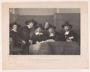 De Staalmeesters: kollegiet for prøvemestre (waardijns) i Amsterdams tøjmagerlaug De Staalmeesters, efter Rembrandt / Premium plate der Kunstkronijk, Sixteenth Volume (1854) (titel på objekt)