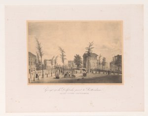 Udsigt over Delftse Poort i Rotterdam Udsigt over Delftsche-porten i Rotterdam / kommer fra stationsbygningen (titel på objekt) Society for Promotion of Toonkunst, dets musikfestival og byen Rotterdam. minde om året 1854 (se