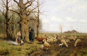 Børn med en hyrde og får i et landskab (olie på lærred) af Adolf Ernst Meissner
