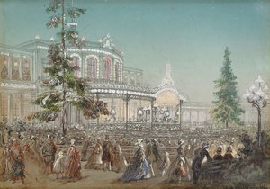 ""Fejring af 25-års jubilæet for Tsarskoje Selo Railroad ved Pavlovsk Railway Station Concert Hall"" af Adolf Charlemagne (1826-1901), Gouache på pap