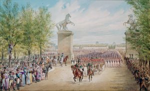 Zar Alexander I (1777-1825) klatrer op ad Champs Elysees med sin hær i Paris i 1814. Maleri af Adolf Charlemagne (1827-1901)