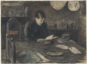 Kvinde læser ved et bord af Adolf le Comte