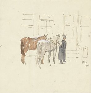 Mand med to heste foran en bygning af Adolf le Comte
