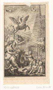 Allegorisk scene med kvindeskrivning, buster, Pegasus og Apollo Titelside for: Cornelis Sweerts, Poetiske symboler, 1736