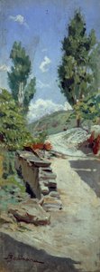 Road in hills af Adolfo Belimbau (1845-1938), olie på panel, 23x9 cm