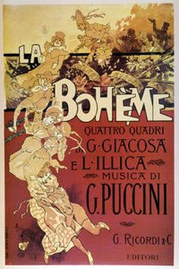 La Bohème-plakat af Adolfo Hohenstein til premieren på Giacomo Puccinis opera i Teatro Regio di Torino den 02/01/1896.