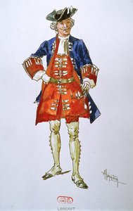 Mandligt kostumedesign til operaen Manon Lescaut af Giacomo Puccini (1858-1924) (wc) af Adolfo Hohenstein