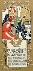 Plakat, der reklamerer for hundredåret for opdagelsen af den voltaiske bunke, 1899