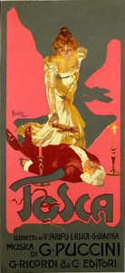 Plakat i Liberty-stil til operaen "La Tosca" af Giacomo Puccini (1858-1924) 1906 Dim. 30x13,5 cm Illustration af Adolfo Hohenstein (1854-1928) Milanos privatsamling