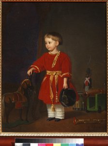""Portræt af en dreng i rød kjole med militærlegetøj"" (Portræt af en dreng i rød kjole med militærlegetøj) Maleri af Adolf Jebens (1819-1888) 1849 Kunst- og pædagogisk legetøjsmuseum, Sergiyev Posad af Adolph Gebens