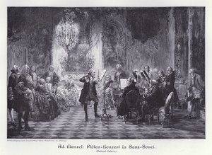 Fløjtekoncert i Sanssouci-paladset, Potsdam, Preussen (gravering) af Adolph Friedrich Erdmann von (after) Menzel