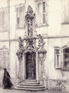 En mand, der går ned af trappen i en bygning dekoreret med en barokportal, 1884 af Adolph Menzel