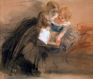 Ung kvinde med et barn, mellem 1844 og 1850. af Adolph Menzel
