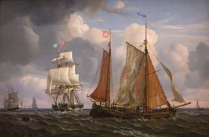 Skibe, der sejler og slår mod vinden i Øresund af Adolph Friedrich Vollmer
