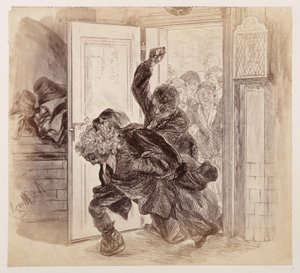 Adam, der er blevet slået af Ruprecht, styrter ud af retssalen, mens Eva og de andre ser til i baggrunden, til Heinrich von Kleists »Den knuste krukke« af Adolph Menzel