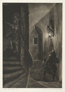 Essay om sten med børste og skraber: Chase on the Winding Staircase, 1851. af Adolph Menzel