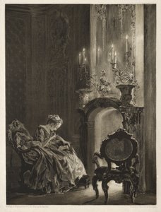 Essay om sten med pensel og skraber: kvinde læser ved pejsen, 1851. af Adolph Menzel
