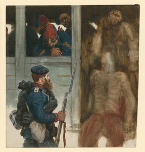 Fransk fangetransport i jernbanevogne, forrest en preussisk infanterist, scene fra krigen i 1870 af Adolph Menzel