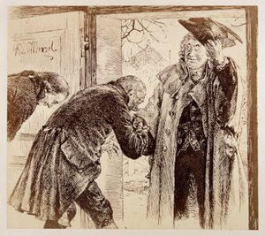 Dommer Walter træder ind ad døren fra højre, idet han venligt løfter på hatten, og bliver underdanigt hilst velkommen af Adam og Licht, til Heinrich von Kleists »Den knuste kande« af Adolph Menzel