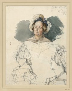 Grevinde Alvensleben, født v. d. Osten-Sacken. Herunder to portrætter i brysthøjde. Studie til maleriet »Kroningen af Wilhelm I i Königsberg« af Adolph Menzel