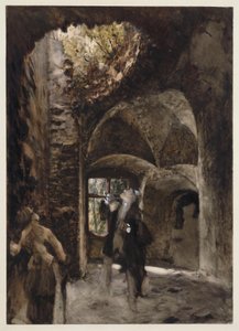 I ruinen står en herre og en dame på et trappeafsats og kigger op mod et stort hul i hvælvingen af Adolph Menzel