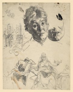 Hovedet af en ældre kvinde, hvor hagepartiet gentages, arkitektonisk skitse, figurativ skitse til en allegori af Adolph Menzel
