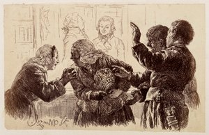 Marthe, med kandefragmenterne i armene, står mellem Veit og Ruprecht, mens Eve beder sin mor om at afstå fra at klage, efter Heinrich von Kleists »Den knuste kande« af Adolph Menzel