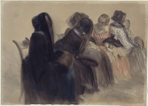 Musikalsk aften, seks damer, der sidder på stole i en række, der strækker sig mod højre og ind i dybden, og som delvis er i samtale af Adolph Menzel
