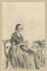 Pauline Martini, født Dambke, siddende ved bordet, med blikket vendt mod betragteren af Adolph Menzel