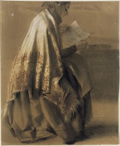 En siddende, læsende kvinde i et bredt sjal af Adolph Menzel