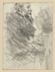 En siddende, skægget mand, vendt mod højre, med pegefingeren på højre hånd strakt ud og hvilende på bordpladen af Adolph Menzel