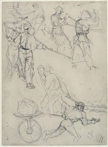 Skitser af arbejdere, der udfører forskellige opgaver på valseværket. Studie til »Jernvalseværket. Moderne kykloper« af Adolph Menzel