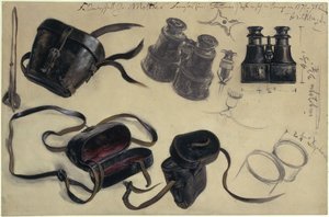 Undersøgelse af feltmarskal grev von Moltkes kikkert, etui og detaljer, med noter af Adolph Menzel